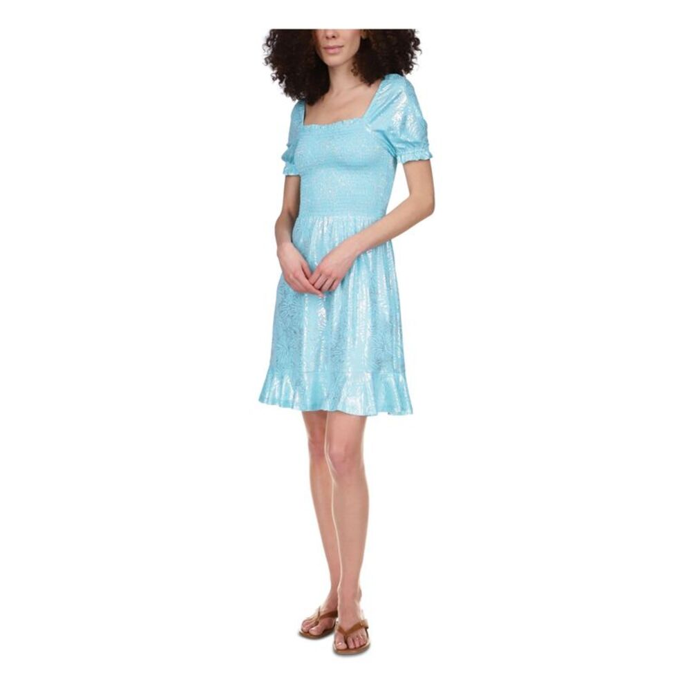 MICHAEL MICHAEL KORS Womens Aqua Unlined Ruffle Hem Pouf Sleeve Peasant Dress L